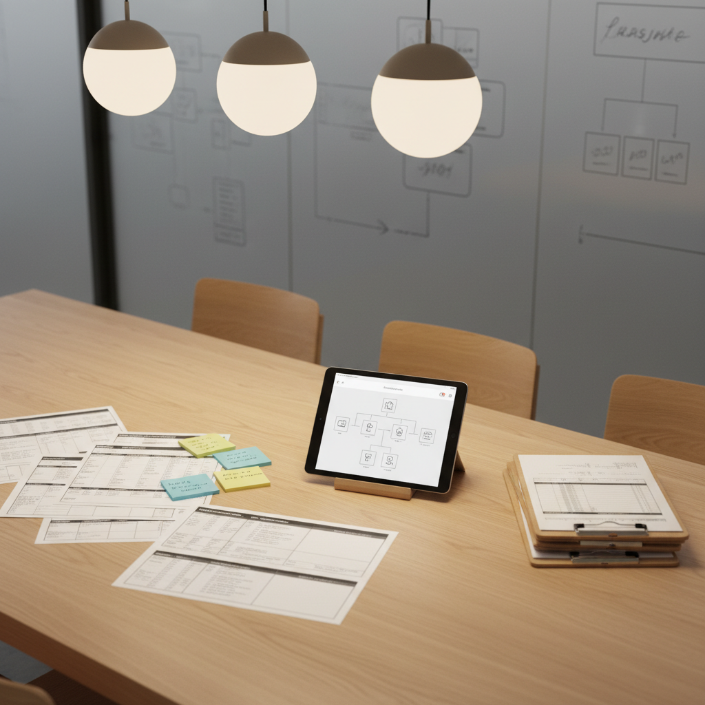 A minimalist conference table made of light oak, its surface covered with structured documentation: printed assessment forms with clearly defined sections, color-coded sticky notes, and a neatly stacked set of clipboards. At the center, a tablet displays a sophisticated decision-support interface with simple icons and a step-by-step process flow. Overhead, soft, neutral pendant lighting casts even, warm illumination, reducing harsh shadows and highlighting the clean lines of the materials. The background is a softly blurred glass wall with faint outlines of diagrams and workflows. Captured from a slightly elevated angle in photographic realism, the composition follows the rule of thirds, creating a calm, organized, and transparent atmosphere that reflects precision and consistency.