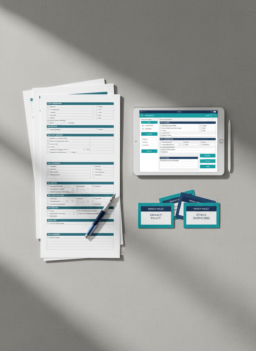A detailed overhead shot of a light gray table where a comprehensive case file is laid out in an organized grid: printed assessment forms with checkboxes and narrative sections, a tablet showing a structured digital version of the same case, a small stack of policy reference cards, and a simple, elegant fountain pen resting diagonally across a document. Natural light from above-left creates soft, directional shadows that subtly emphasize the layers of paper and device edges. The color palette is cool and neutral with small accents of teal and navy. Photographic realism, top-down composition with strong graphic lines, conveying an atmosphere of transparency, auditability, and carefully structured documentation that can be reviewed and understood at a glance.